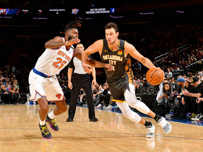 NEW YORK, NY - MARCH 6: Danilo Gallinari #8 of the Oklahoma City Thunder drives to the basket against the New York Knicks on March 6, 2020 at Madison Square Garden in New York City, New York.